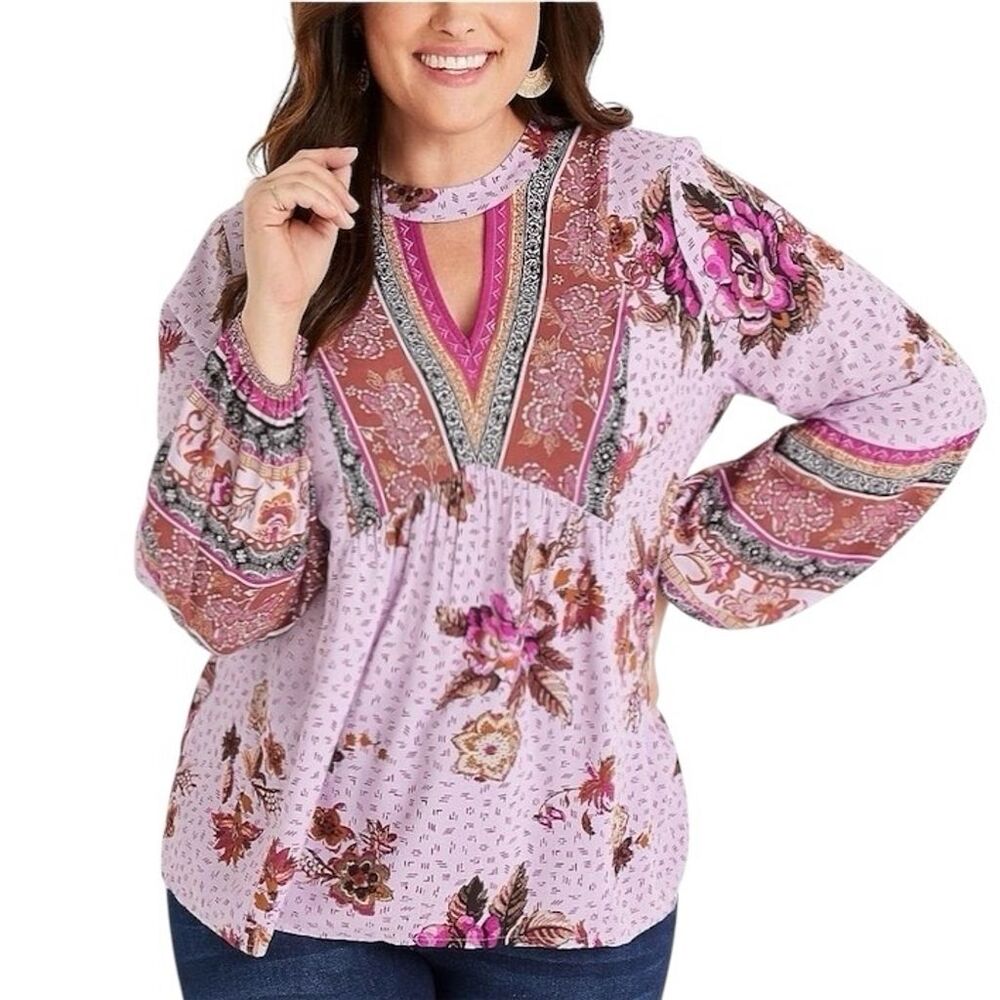 Maurices Women's L Purple Floral Boho Peasant Blouse Long Sleeve - Picture 2 of 9